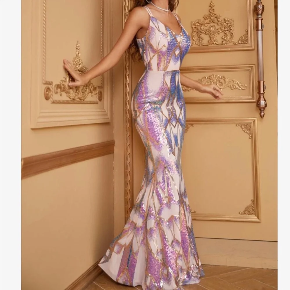 Luxurious Sequins Mermaid Backless Prom Evening Party Formal Gown Floor Dress - Picture 10 of 11